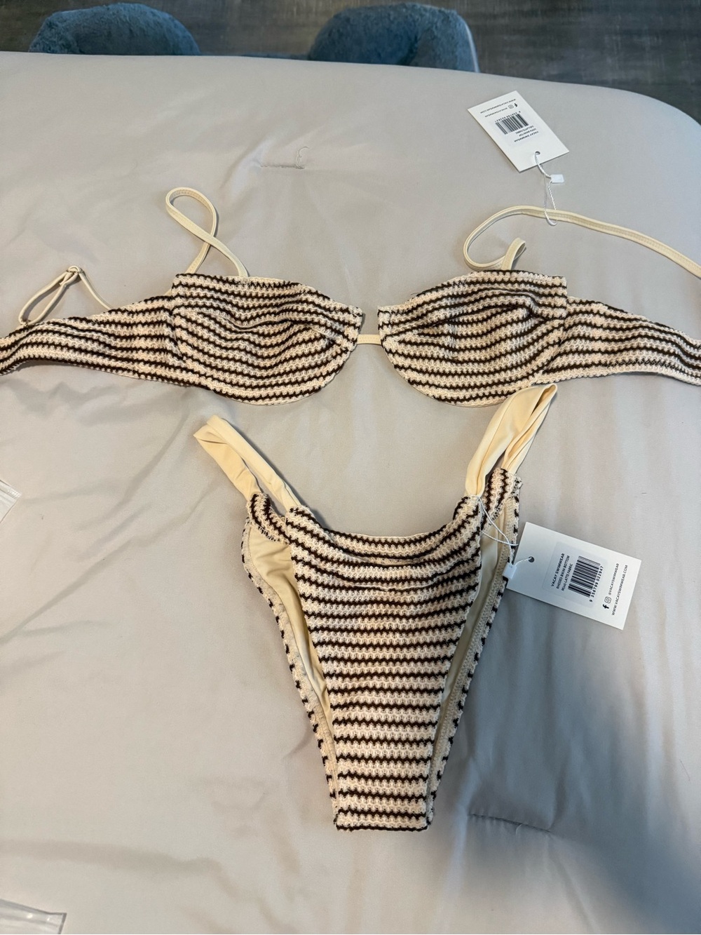 Striped Cream and Black Bikini Set - Women's Swim